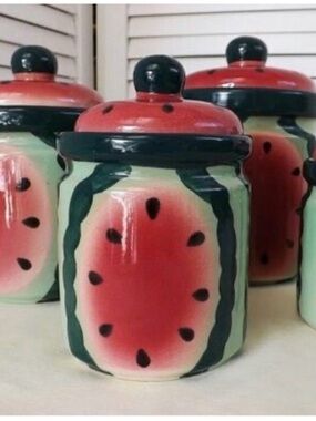 Ceramic Watermelon Canister with Lid - Red and Green
